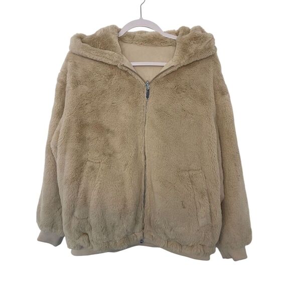 ZARA Jackets & Blazers - ZARA Women's Beige Fuzzy Fleece Hooded Jacket Size S Casual Winter